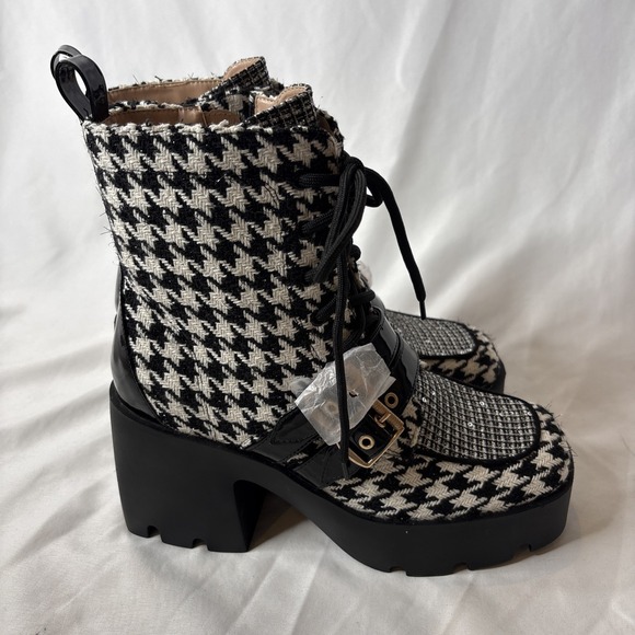 Y2K Betsey Johnson 8.5 Houndstooth Buckle Chunky Lug Sole Platform Boots Booties - Picture 4 of 11